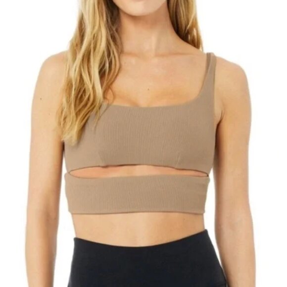 Alo Slit Bra double lined ribbed longline womens Tan (small) workout gym outdoor - Picture 1 of 6